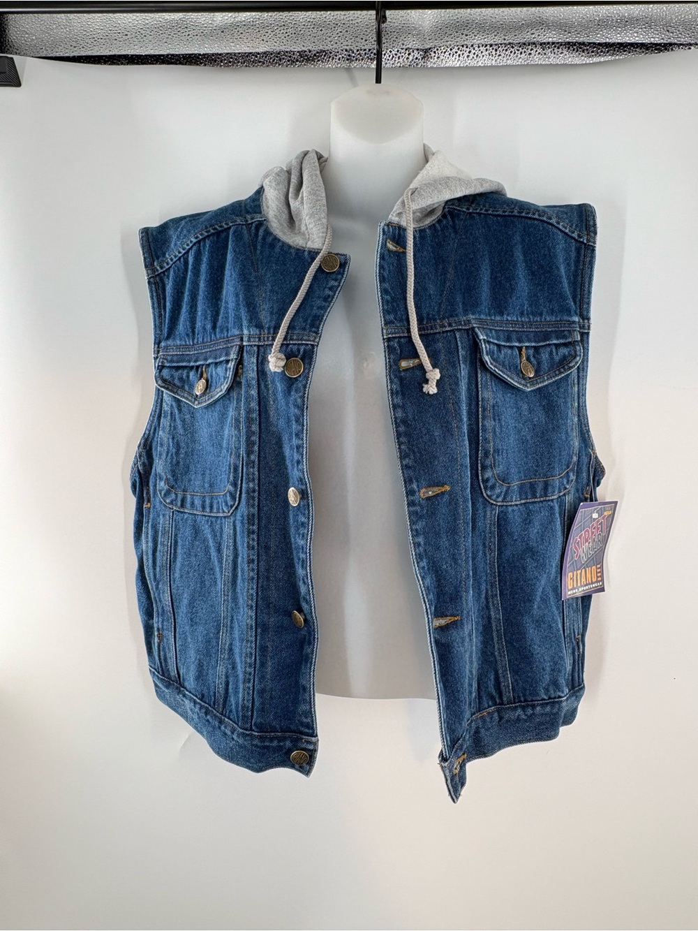 NWT Vintage Gitano Denim Vest Gray Hooded Sweatshirt Insert 90s Streetwear Med